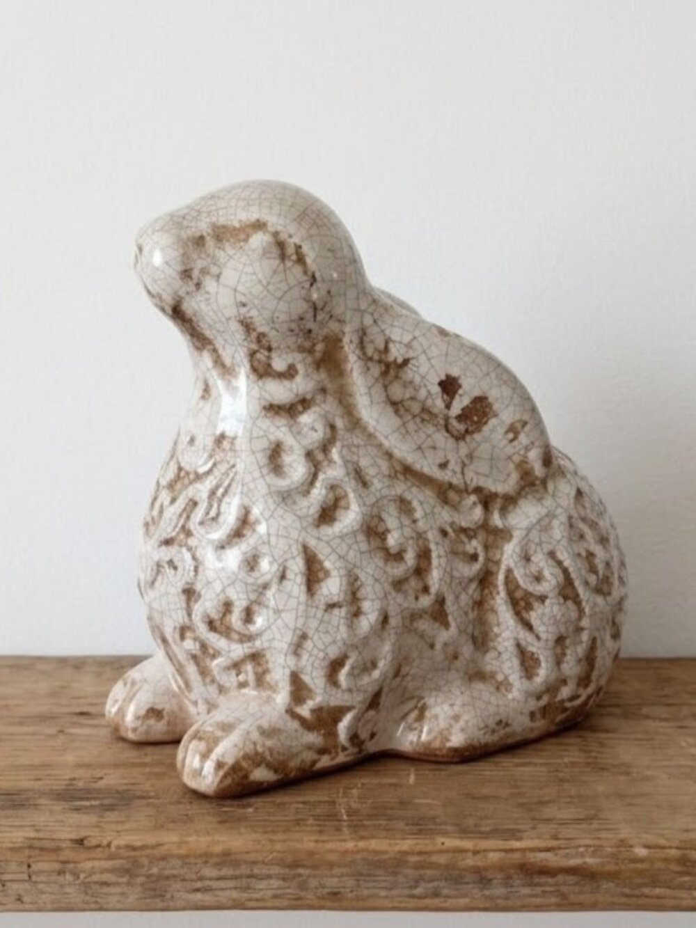 Ceramic Bunny Rabbit Figurine Statue Crackle Glaze Farmhouse Decor Distressed